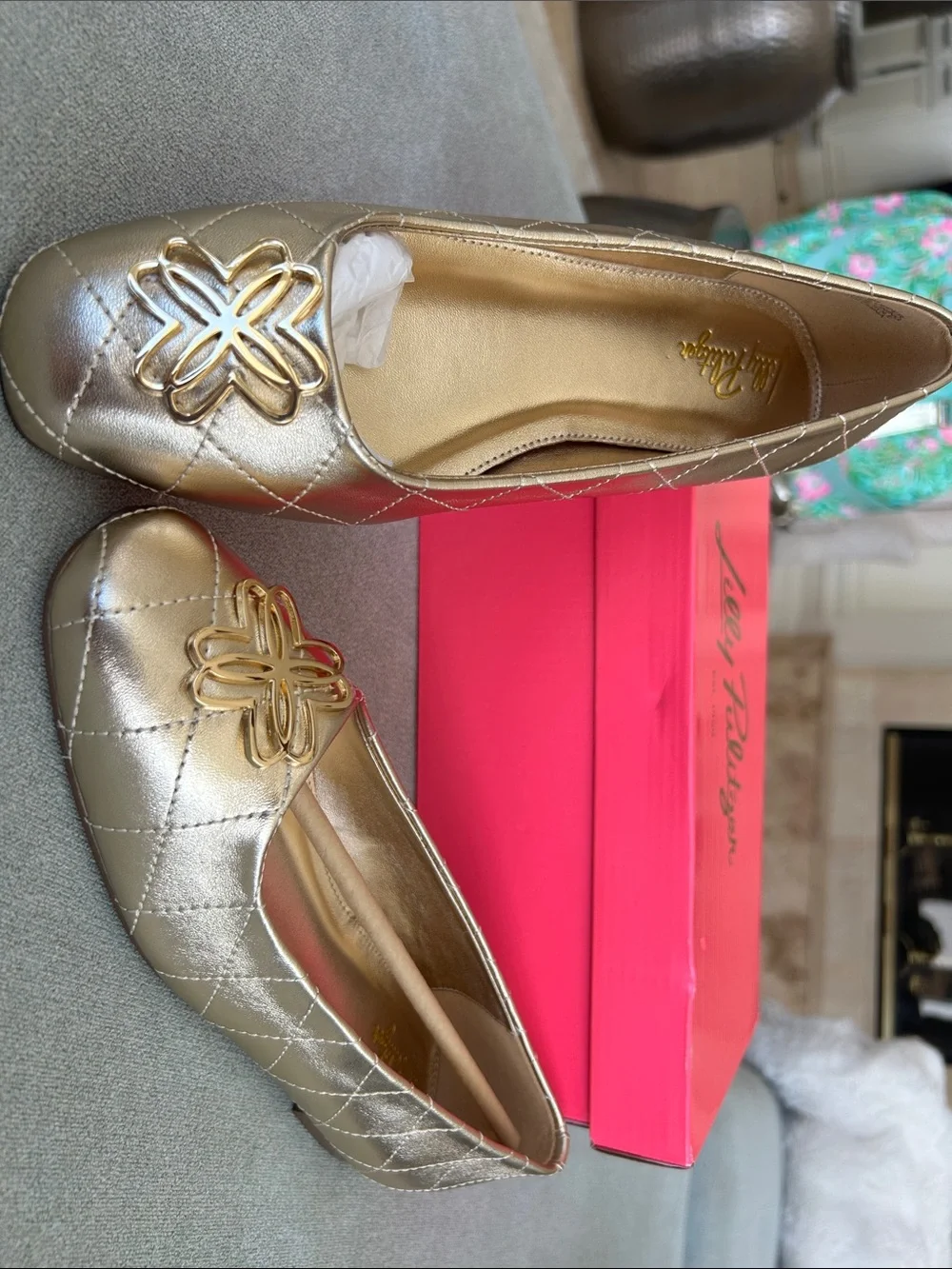 NIB Lilly Pulitzer Patina Gold Metallic Leather Ballet Flats Size 8